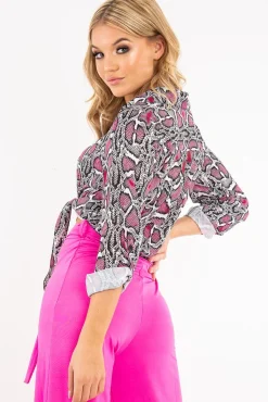 Rebellious Fashion Pink White Snake Print Tie Front Shirt - Maisha