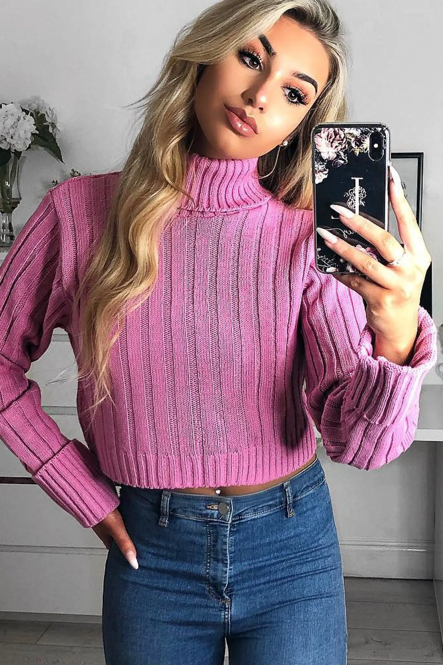Rebellious Fashion Pink Wide Rib Roll Neck Jumper - Joyanna