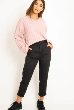 Rebellious Fashion Pink Wide Rib V Neck Jumper - Alinah