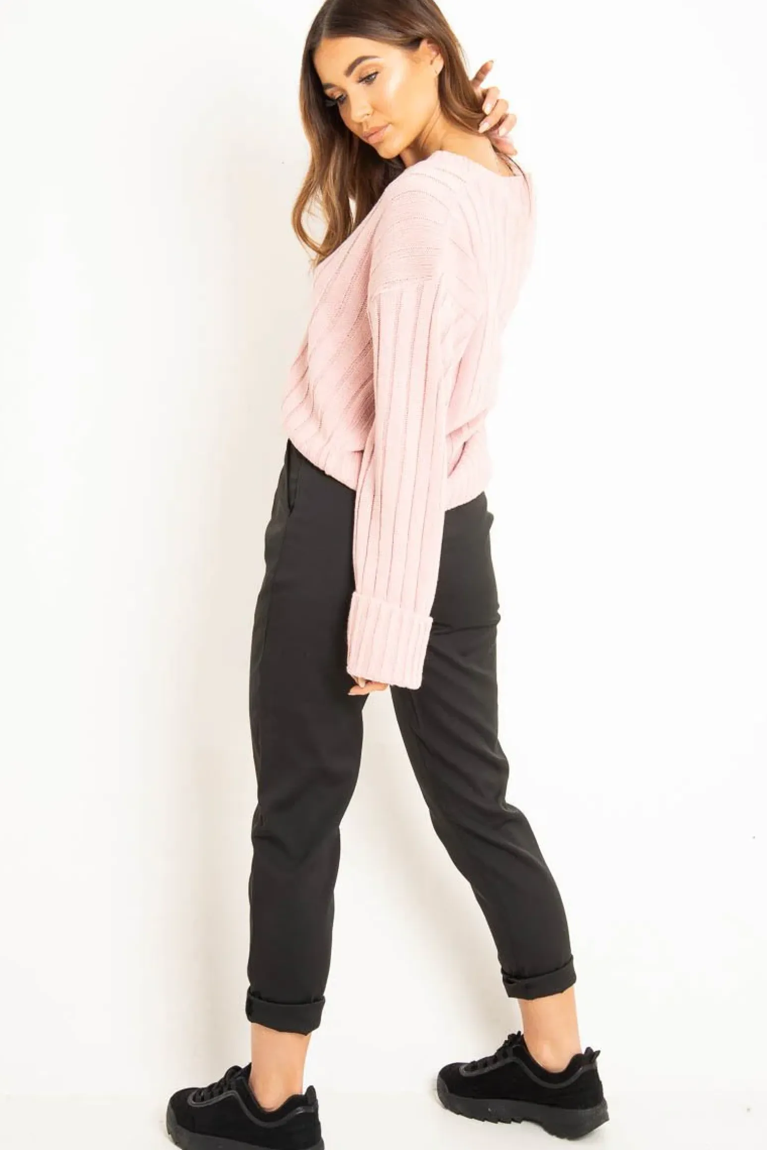 Rebellious Fashion Pink Wide Rib V Neck Jumper - Alinah