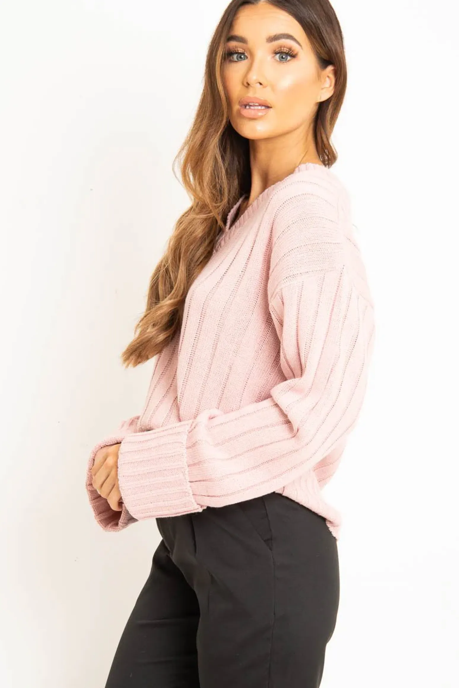 Rebellious Fashion Pink Wide Rib V Neck Jumper - Alinah