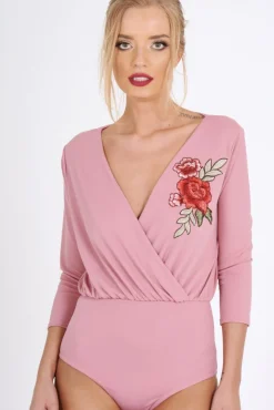 Rebellious Fashion Pink Wrap Around Embroidered Bodysuit - Roisin