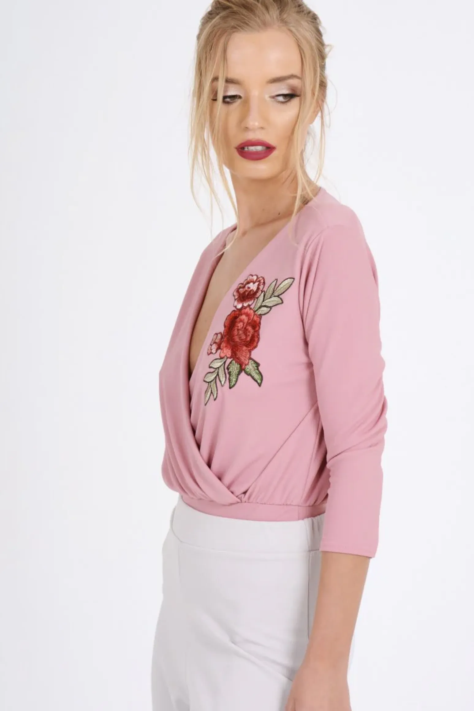 Rebellious Fashion Pink Wrap Around Embroidered Bodysuit - Roisin