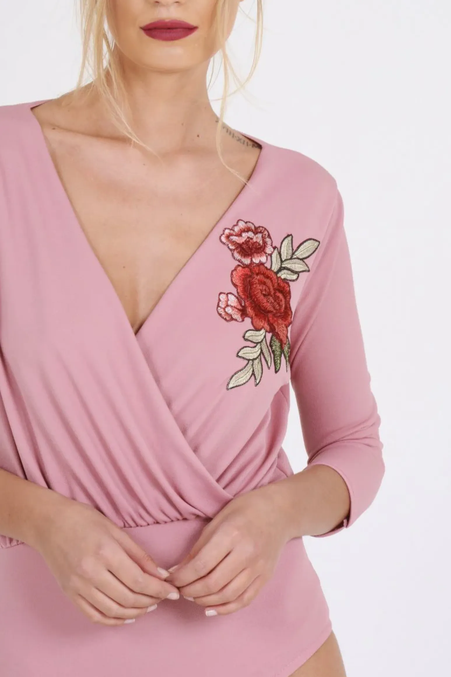 Rebellious Fashion Pink Wrap Around Embroidered Bodysuit - Roisin