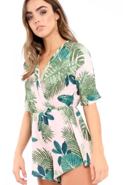 Rebellious Fashion Pink Wrap Palm Leaf Playsuit - Orlena