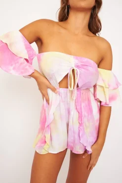 Rebellious Fashion Pink Yellow Tie Dye Frill Detail Cut Out Playsuit - Jaira