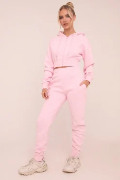 Rebellious Fashion Pink Zip Front Elasticated Detail Loungewear Co-ord Set - Carmel