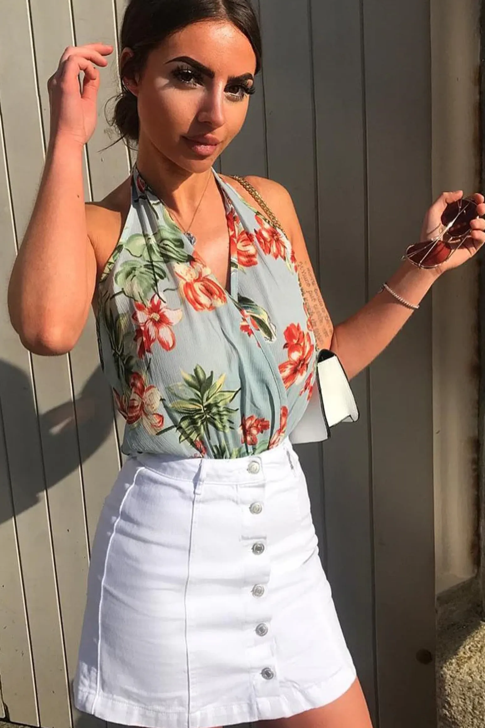 Rebellious Fashion Powder Blue Floral Halterneck Bodysuit - Clary
