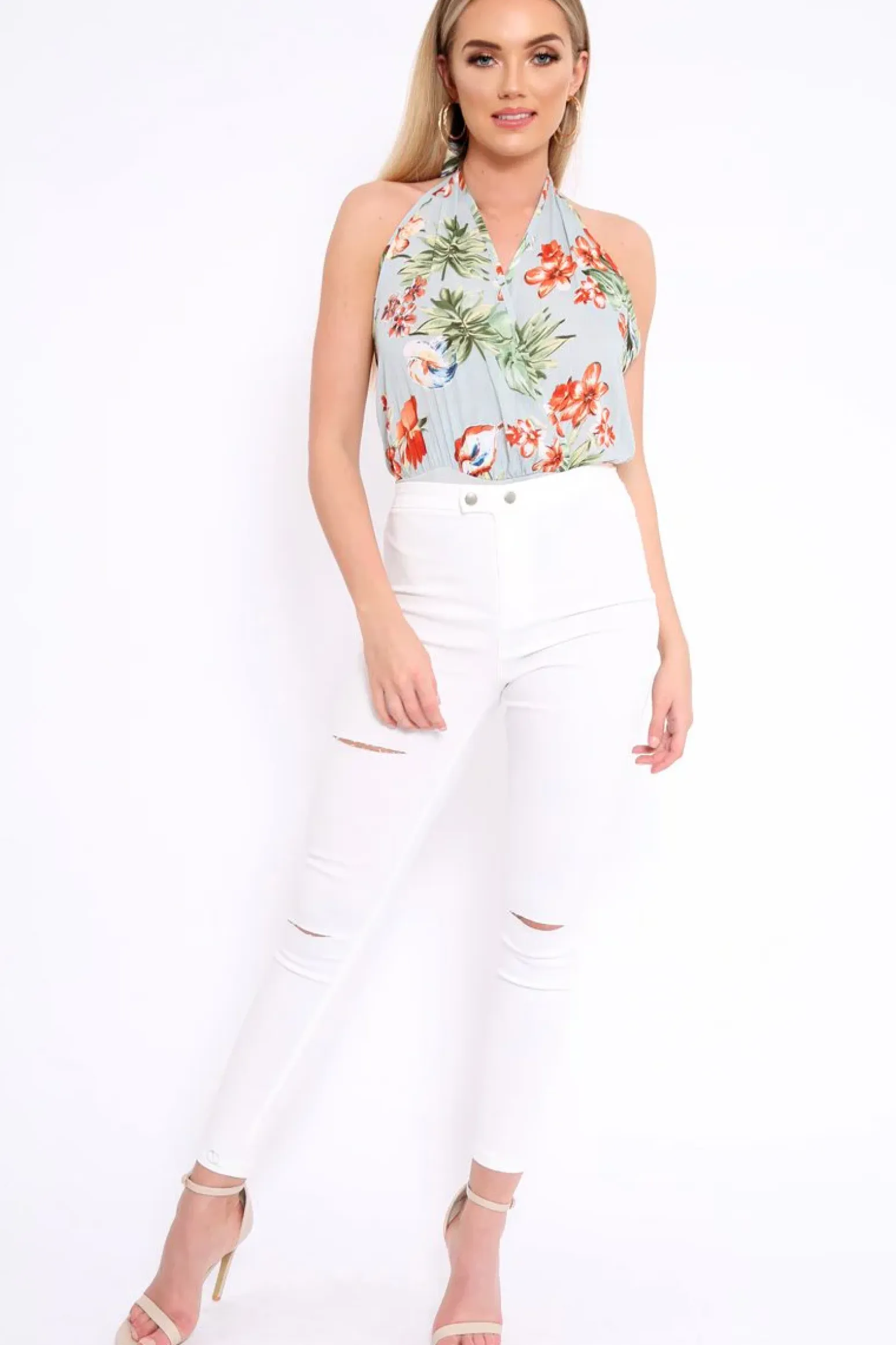 Rebellious Fashion Powder Blue Floral Halterneck Bodysuit - Clary