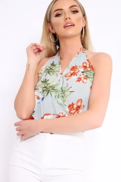 Rebellious Fashion Powder Blue Floral Halterneck Bodysuit - Clary