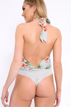 Rebellious Fashion Powder Blue Floral Halterneck Bodysuit - Clary