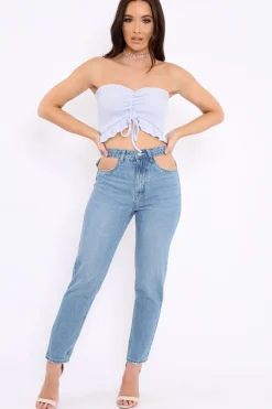 Rebellious Fashion Powder Blue Gathered Middle Bandeau Crop Top - Darlah