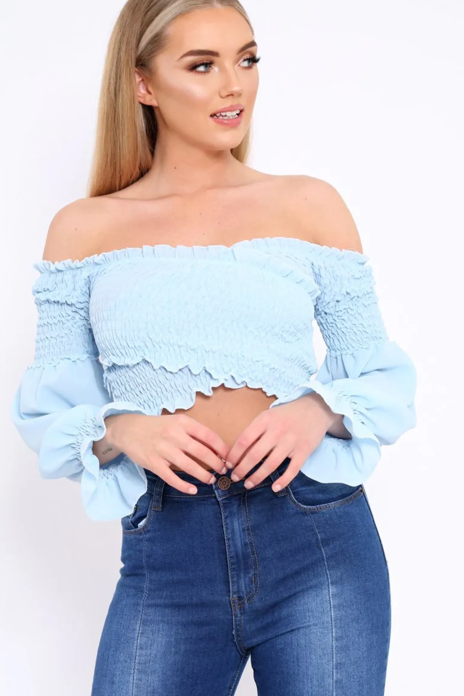 Rebellious Fashion Powder Blue Shirred Wrap Over Bardot Crop Top - Zuri
