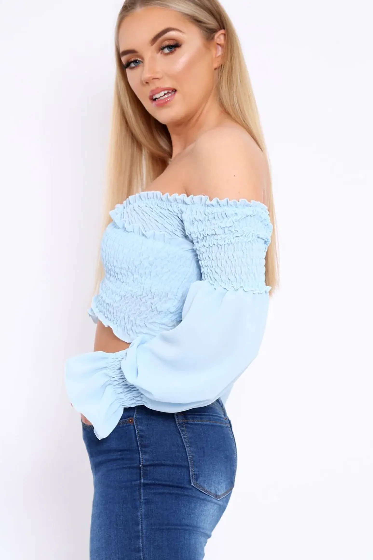 Rebellious Fashion Powder Blue Shirred Wrap Over Bardot Crop Top - Zuri