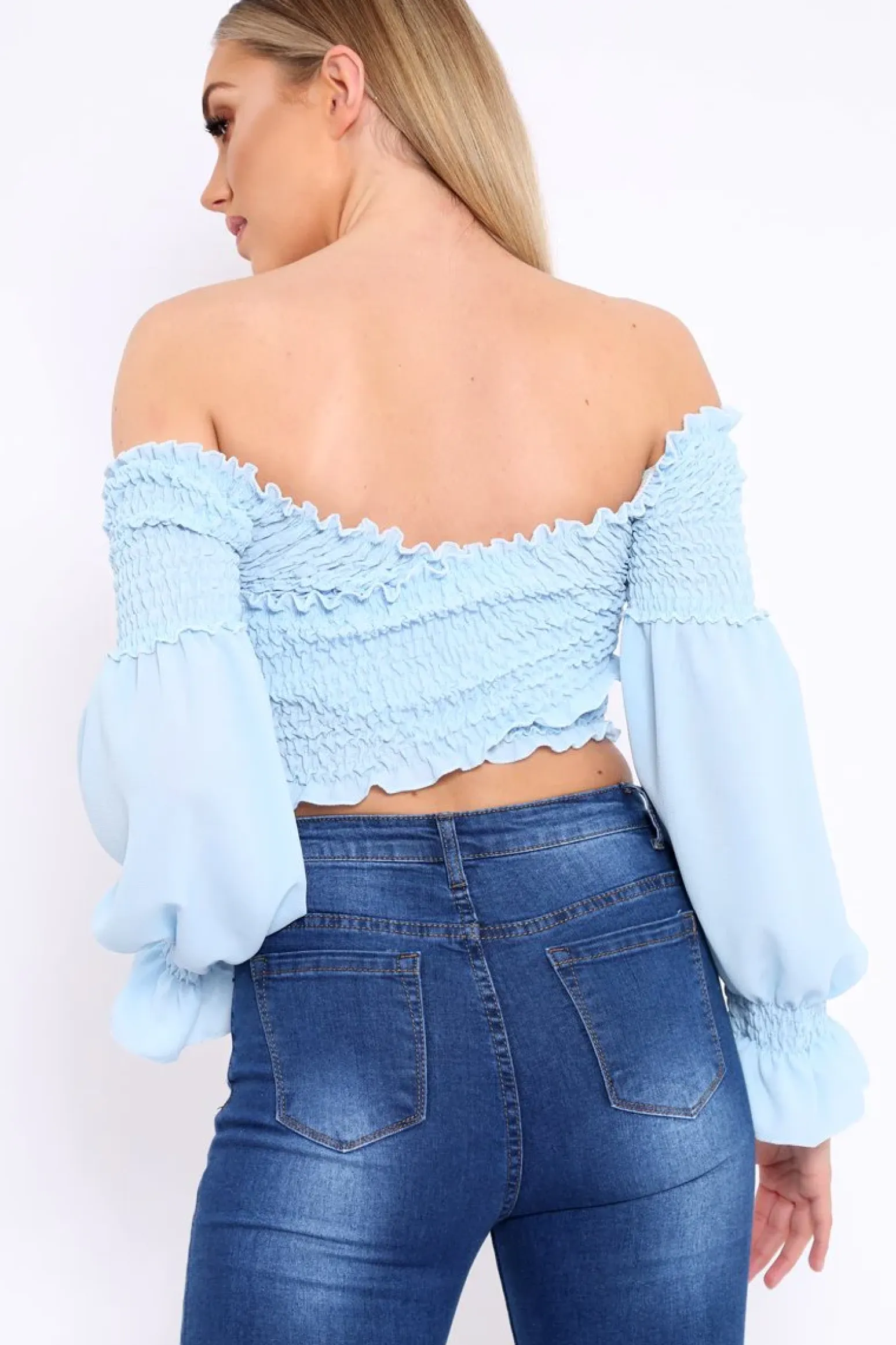 Rebellious Fashion Powder Blue Shirred Wrap Over Bardot Crop Top - Zuri