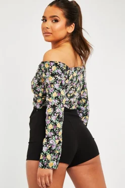 Rebellious Fashion Purple Floral Ruched Centre Bardot Crop Top - Heily