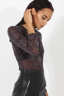 Rebellious Fashion Purple Folk Print Sheer Bodysuit - Frances