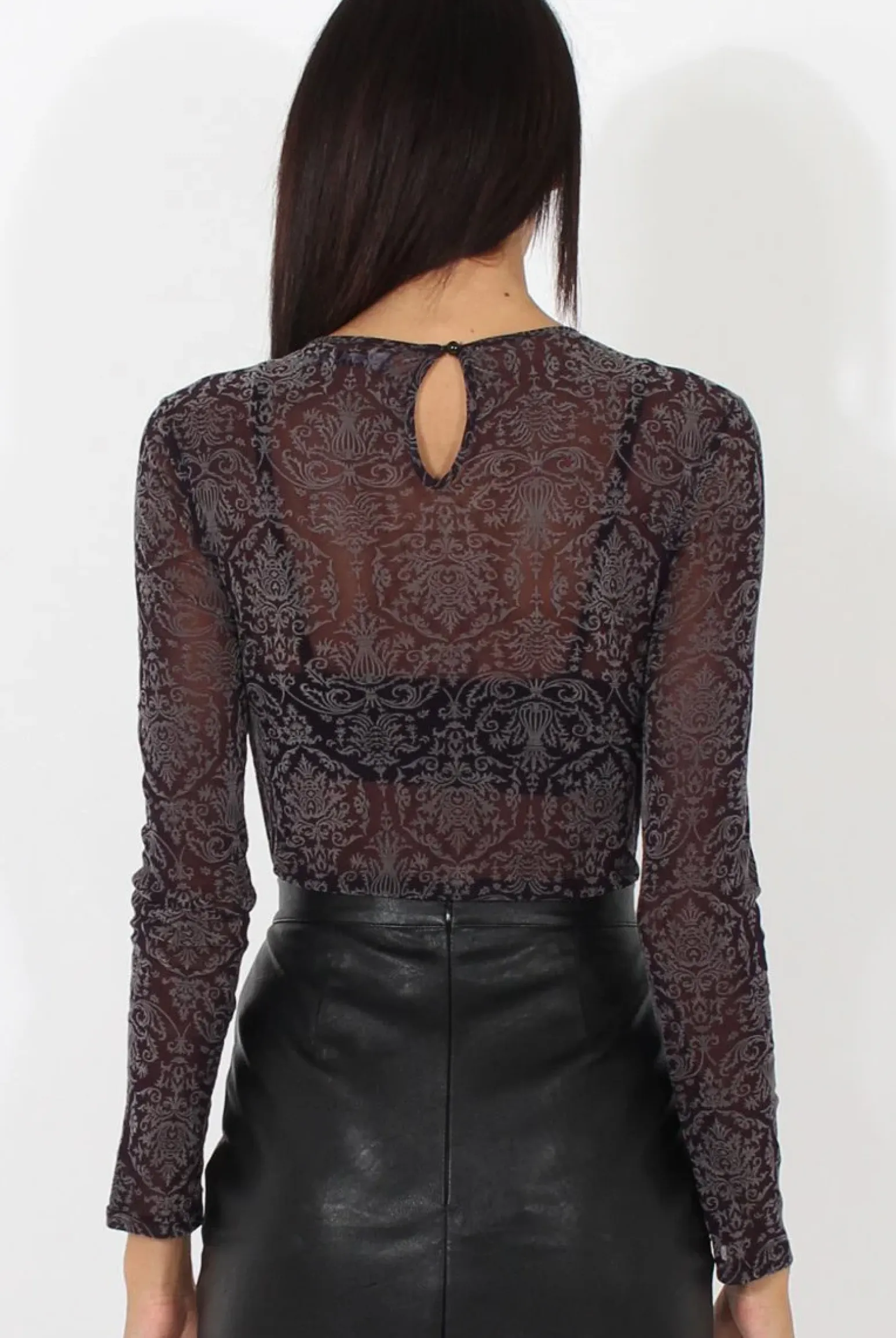 Rebellious Fashion Purple Folk Print Sheer Bodysuit - Frances