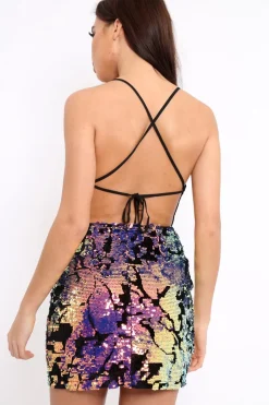 Rebellious Fashion Purple Multi Sequin Cut Out Open Back Mini Dress - Hayleigh