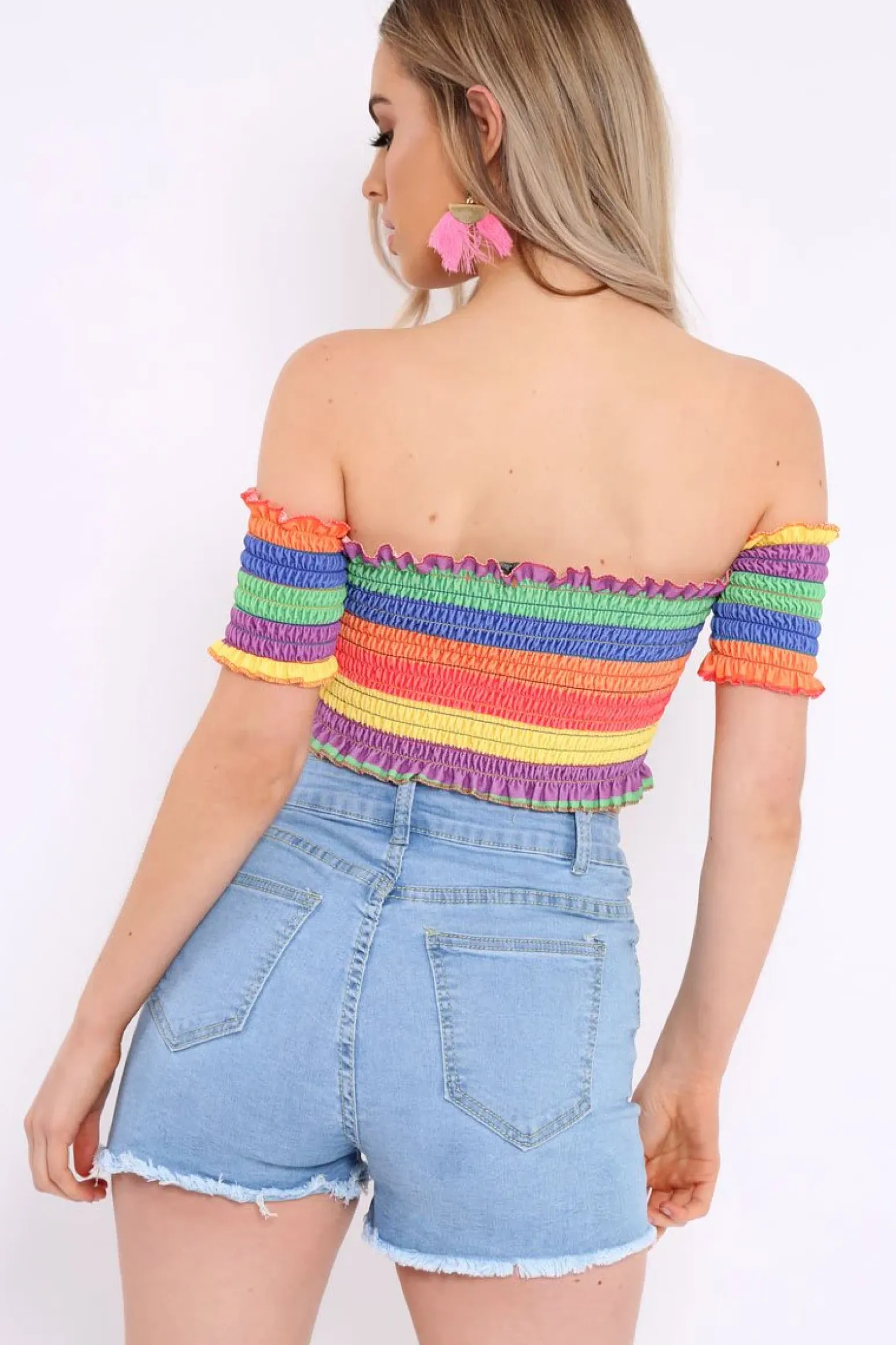 Rebellious Fashion Rainbow Stripe Bardot Frill Shirred Crop Top - Marieta
