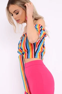 Rebellious Fashion Rainbow Stripe Ruched Bardot Gypsy Crop Top - Katerin