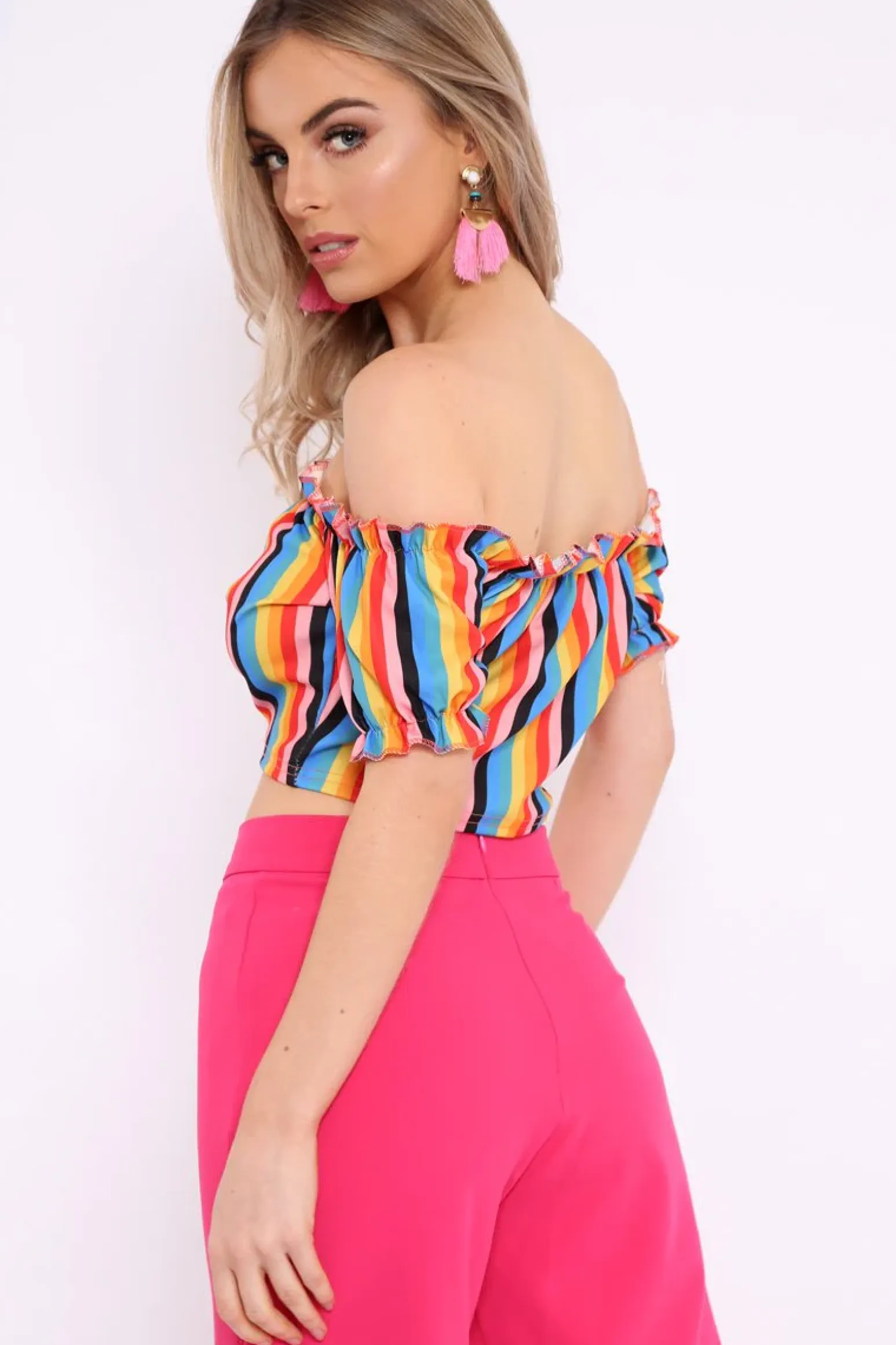 Rebellious Fashion Rainbow Stripe Ruched Bardot Gypsy Crop Top - Katerin