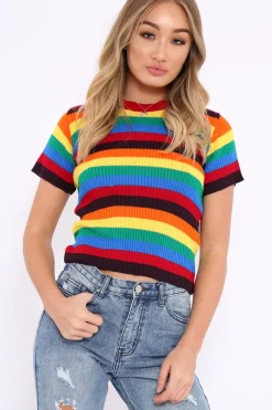 Rebellious Fashion Rainbow Stripe Short Sleeve Jumper - Ariona