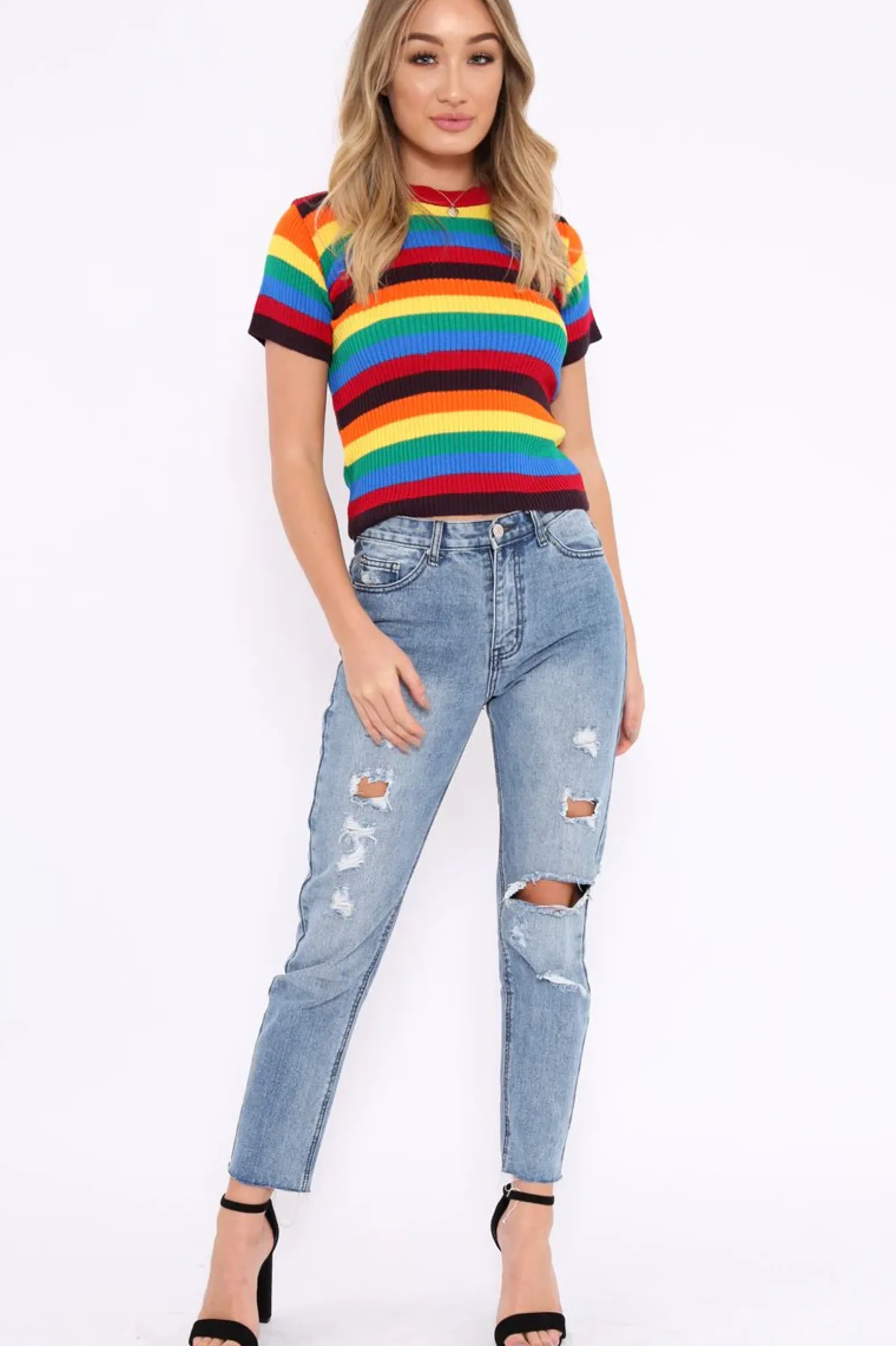 Rebellious Fashion Rainbow Stripe Short Sleeve Jumper - Ariona