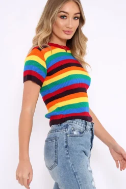 Rebellious Fashion Rainbow Stripe Short Sleeve Jumper - Ariona