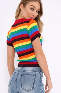 Rebellious Fashion Rainbow Stripe Short Sleeve Jumper - Ariona