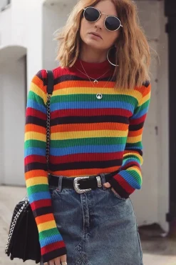 Rebellious Fashion Rainbow Stripe Turtleneck Long Sleeve Jumper - Jonie
