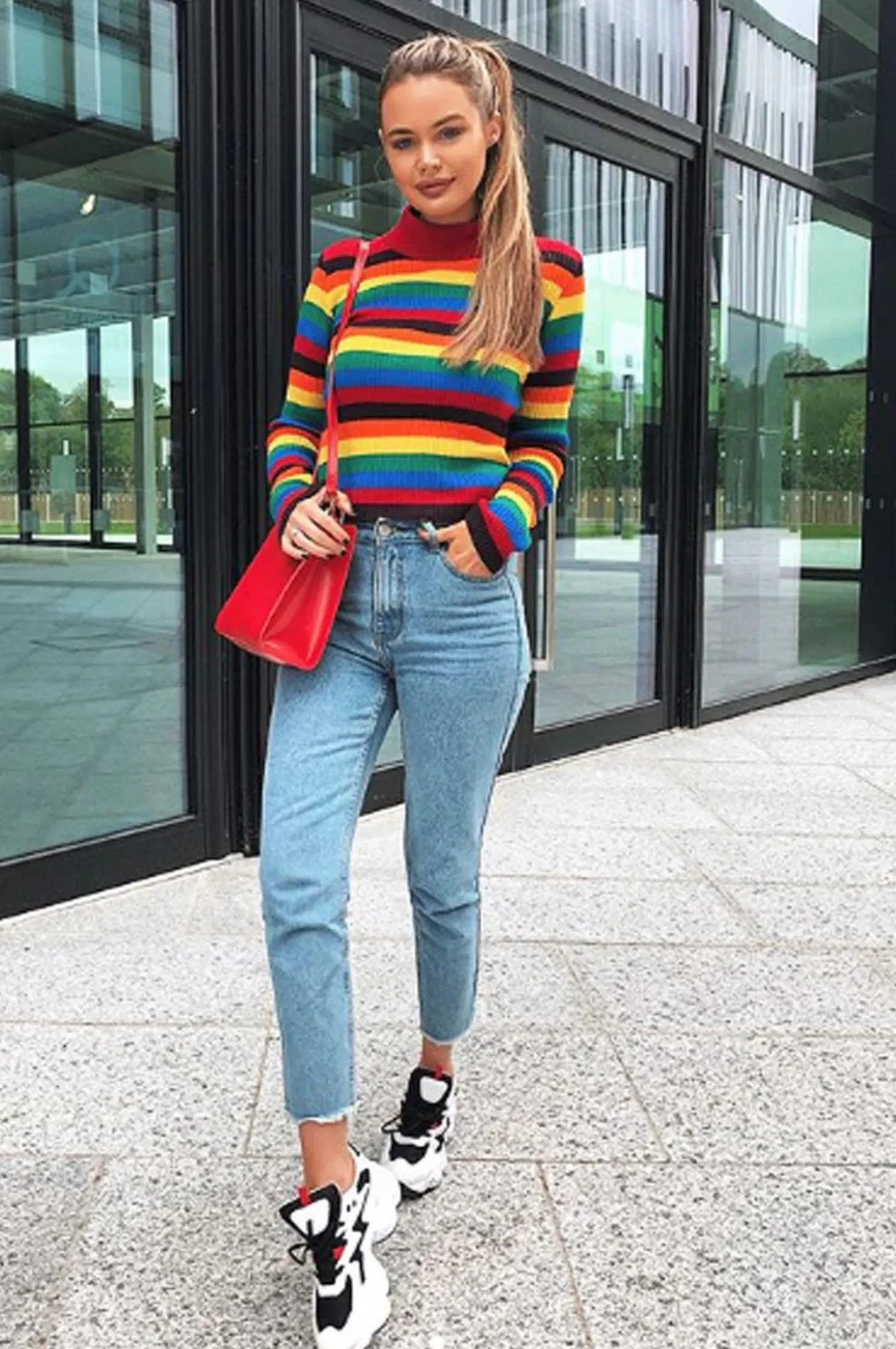 Rebellious Fashion Rainbow Stripe Turtleneck Long Sleeve Jumper - Jonie