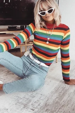 Rebellious Fashion Rainbow Stripe Turtleneck Long Sleeve Jumper - Jonie