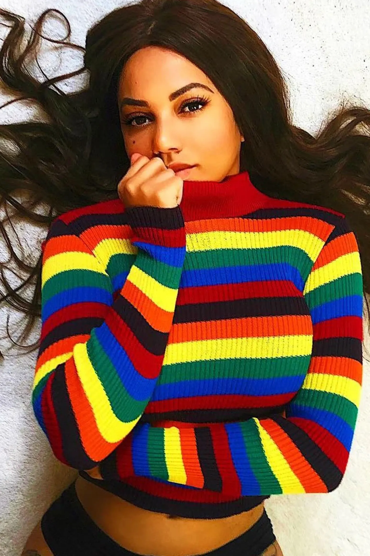Rebellious Fashion Rainbow Stripe Turtleneck Long Sleeve Jumper - Jonie