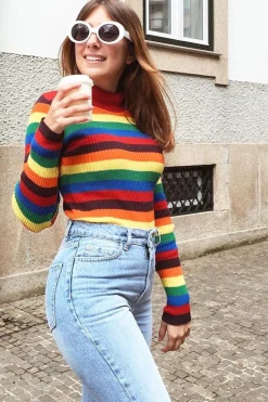 Rebellious Fashion Rainbow Stripe Turtleneck Long Sleeve Jumper - Jonie