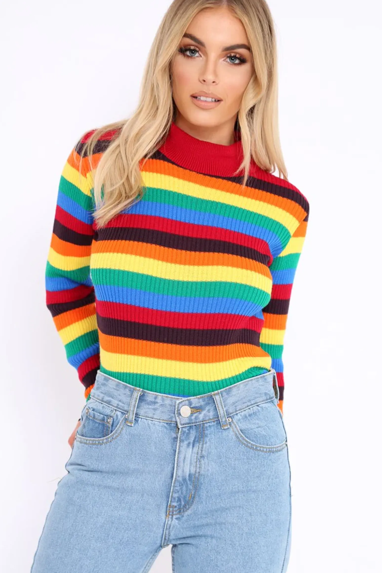 Rebellious Fashion Rainbow Stripe Turtleneck Long Sleeve Jumper - Jonie