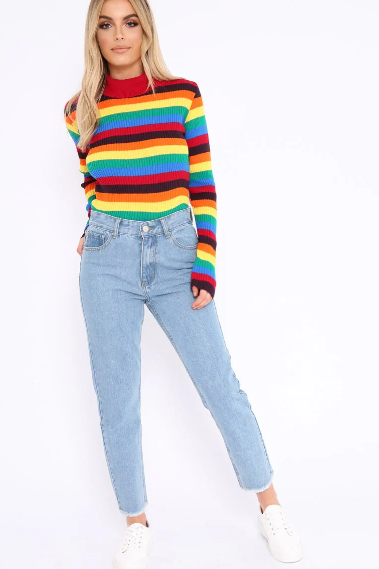 Rebellious Fashion Rainbow Stripe Turtleneck Long Sleeve Jumper - Jonie