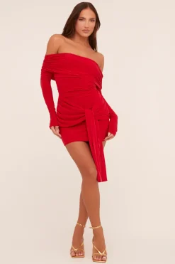 Rebellious Fashion Red Bardot Tie Front Mini Dress - Teagen