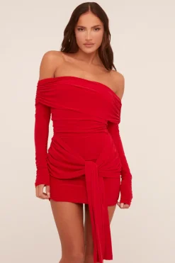 Rebellious Fashion Red Bardot Tie Front Mini Dress - Teagen