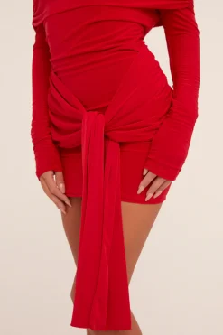 Rebellious Fashion Red Bardot Tie Front Mini Dress - Teagen