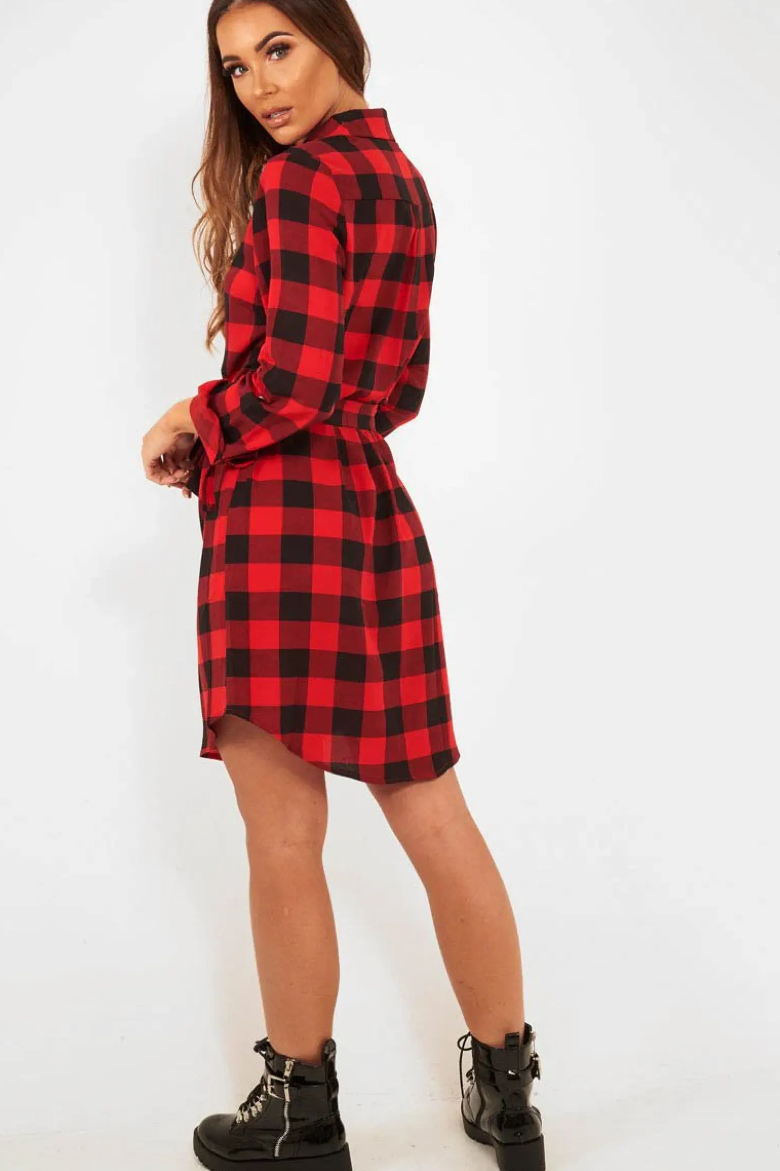 Rebellious Fashion Red Black Check Chiffon Shirt Dress - Elyzah