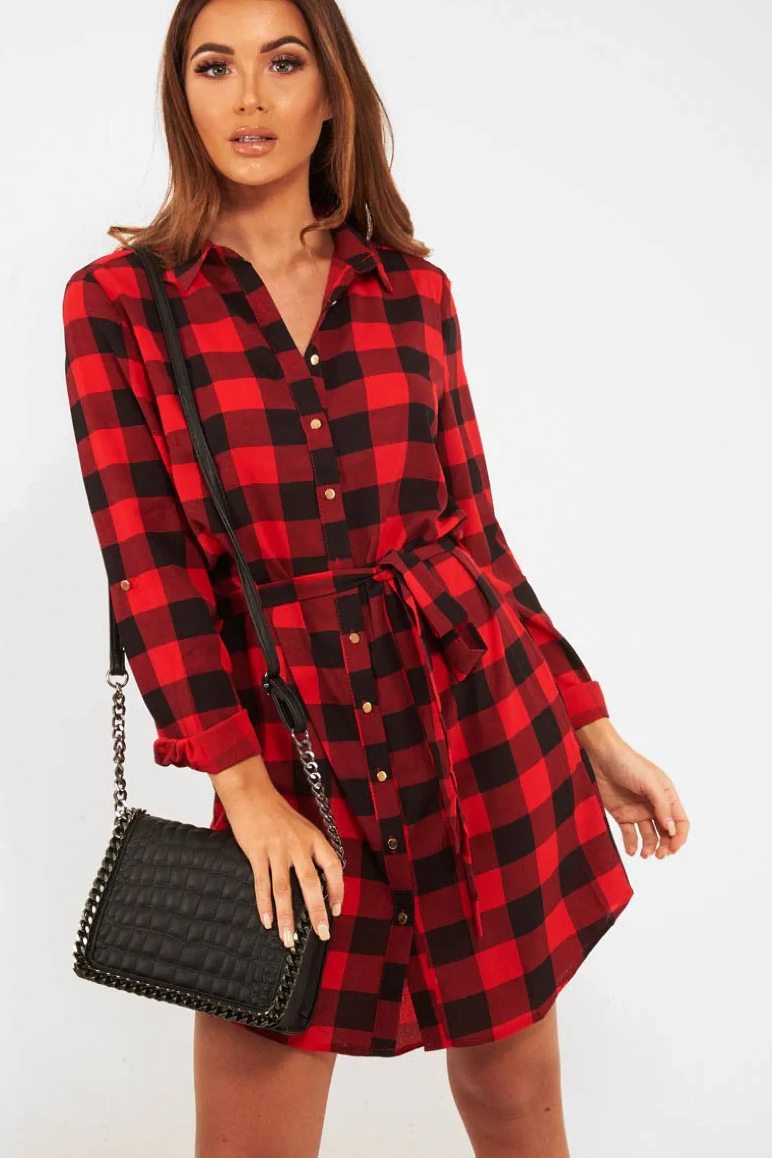 Rebellious Fashion Red Black Check Chiffon Shirt Dress - Elyzah