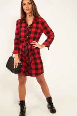 Rebellious Fashion Red Black Check Chiffon Shirt Dress - Elyzah
