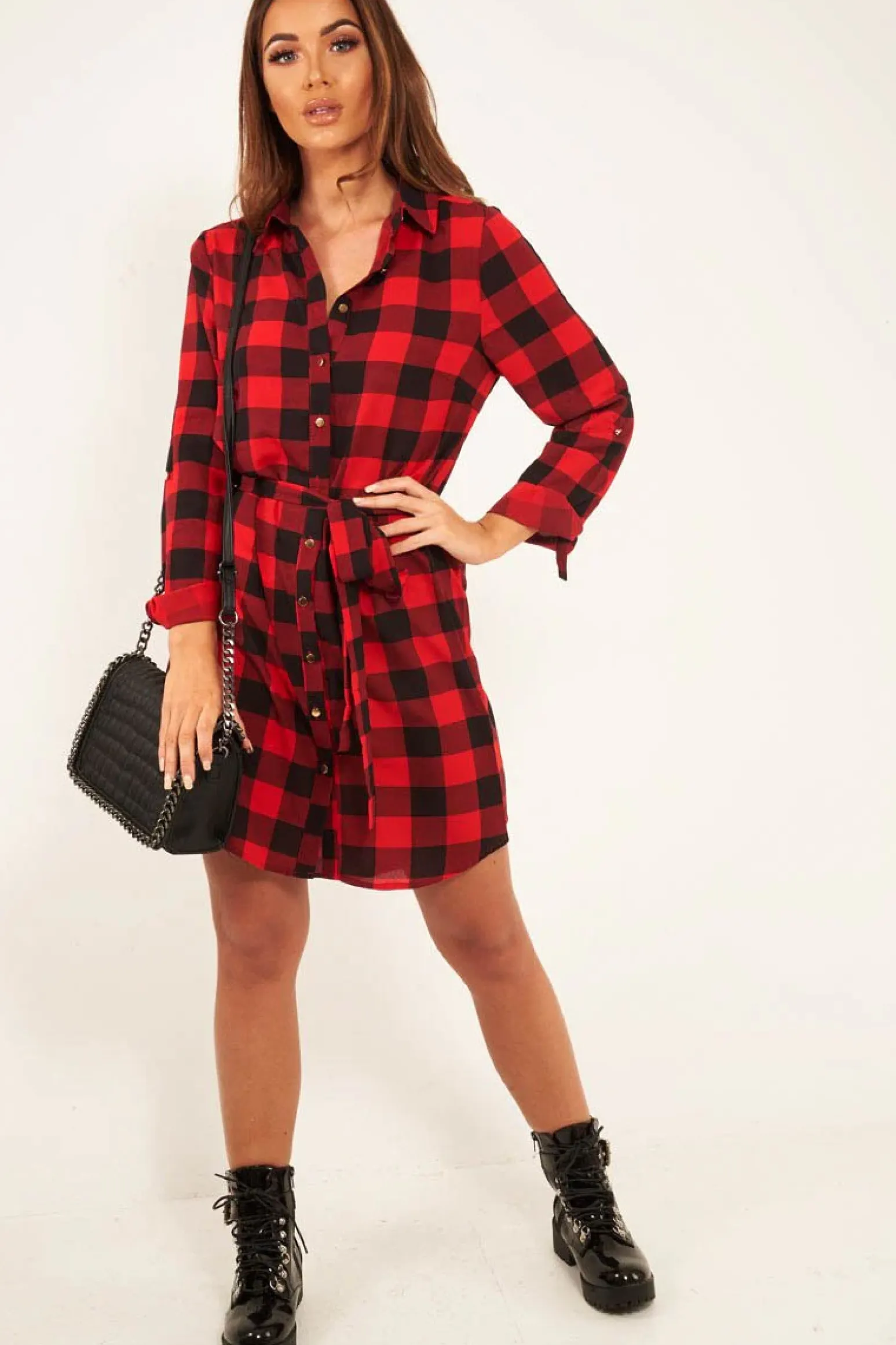 Rebellious Fashion Red Black Check Chiffon Shirt Dress - Elyzah