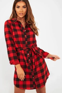 Rebellious Fashion Red Black Check Chiffon Shirt Dress - Elyzah
