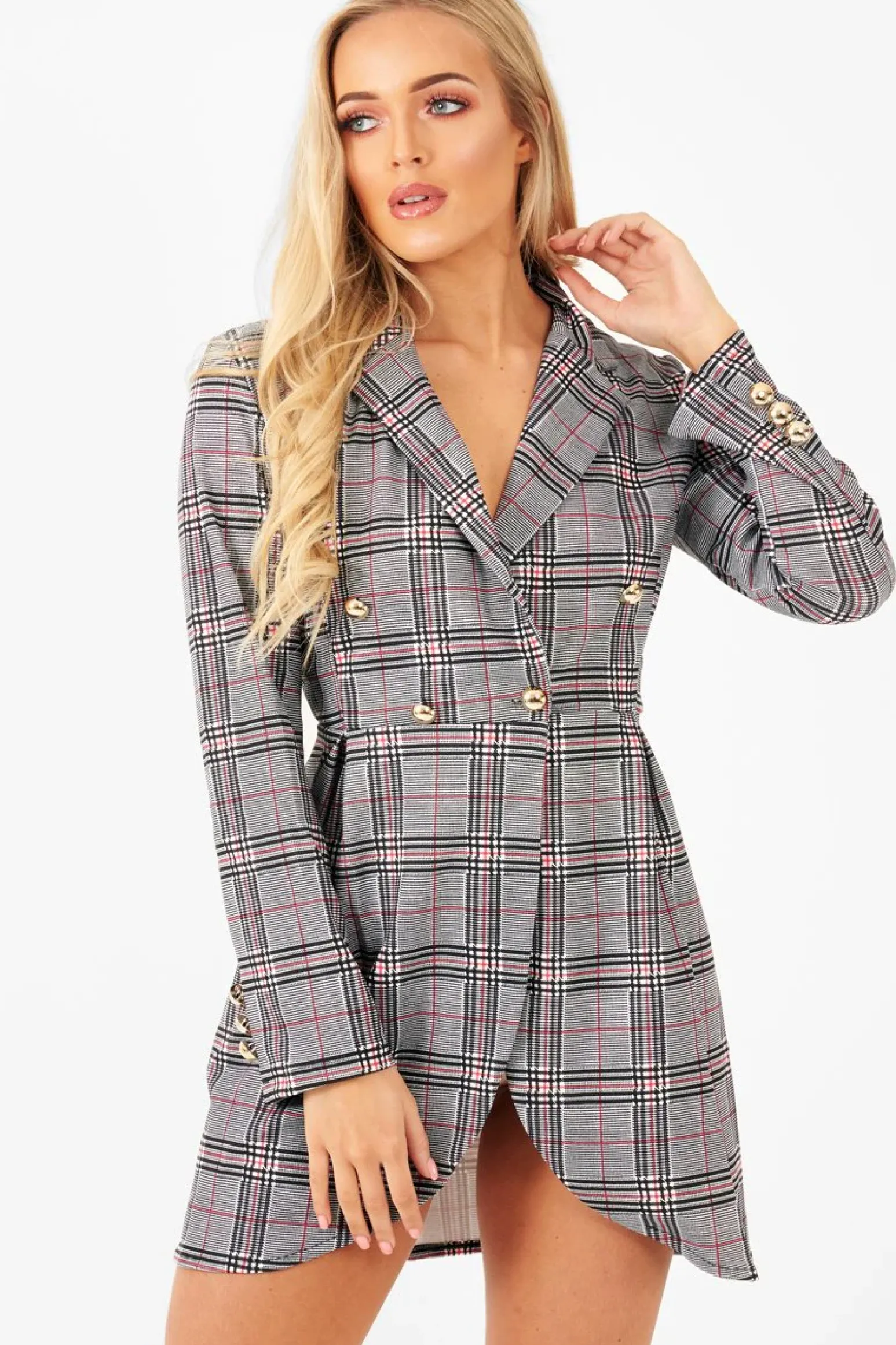 Rebellious Fashion Red Black Check Wrap Blazer Dress - Emry