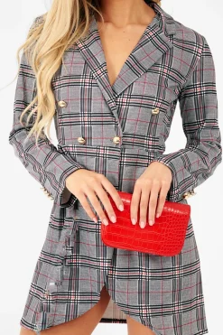 Rebellious Fashion Red Black Check Wrap Blazer Dress - Emry