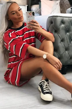 Rebellious Fashion Red Black Stripe Oversized T-Shirt Dress - Rayelle