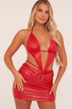 Rebellious Fashion Red Faux Leather Halter Tie Detail Mini Dress - Annalina
