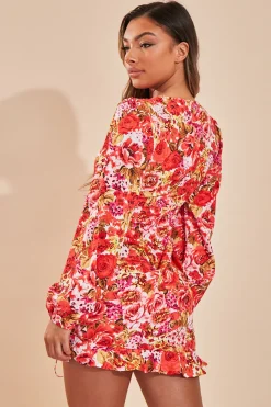 Rebellious Fashion Red Floral Cut Out Front Side Ruched Mini Dress - Chica